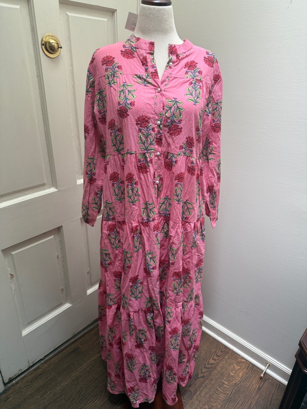 Pink Floral Tiered Maxi Dress with Button V-Neck